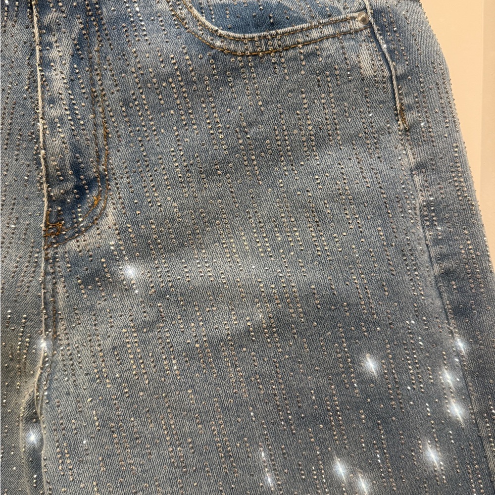 Embellished Light Wash Denim Skirt - Sparkle Detail